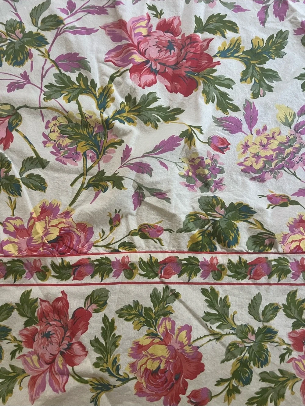 April Cornell Pink and Green Floral Cotton Round Tablecloth 66 inches across